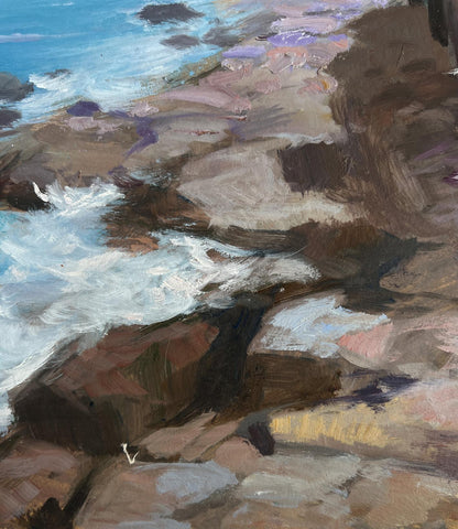 Oil painting Sailing towards a dream by Yuriy Suprunchuk, rugged coastal rocks and waves