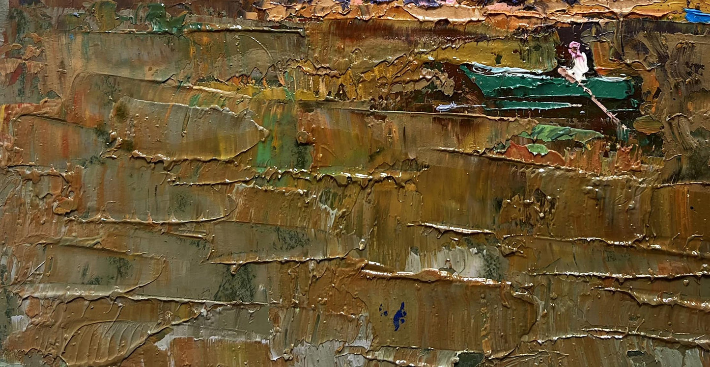 Oil painting Autumn evening silence by Oksana Ivanyuk: green boat in earthy tones