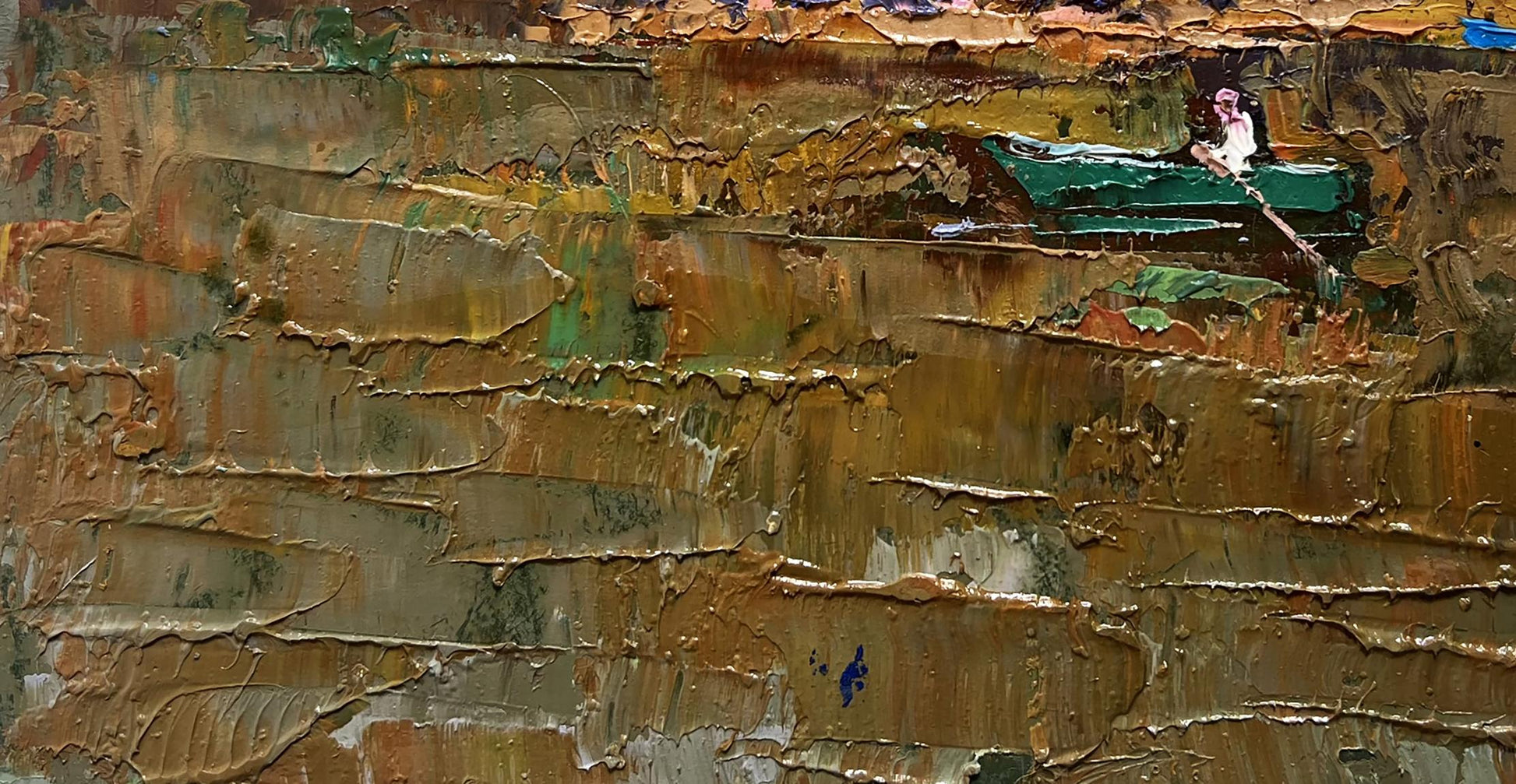 Oil painting Autumn evening silence by Oksana Ivanyuk: green boat in earthy tones