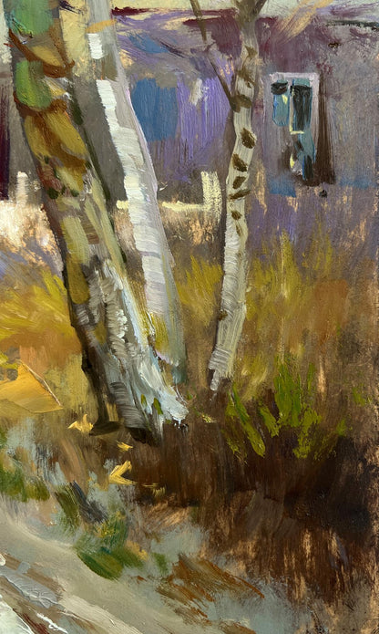 Oil painting of white birch trunks with black spots amid autumn foliage by Yuriy Suprunchuk
