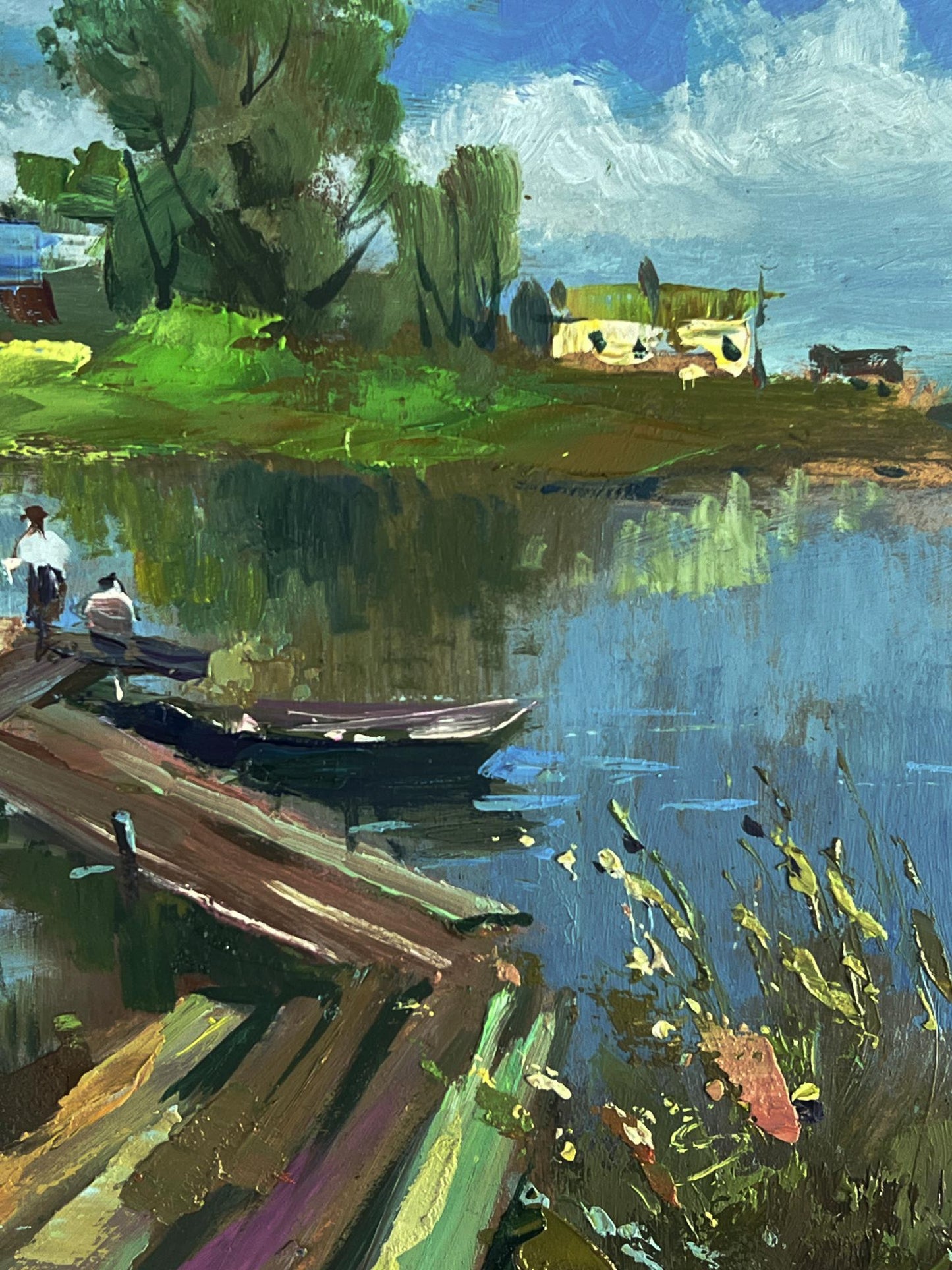 Rustic wooden dock on calm lake by Yuriy Suprunchuk oil painting