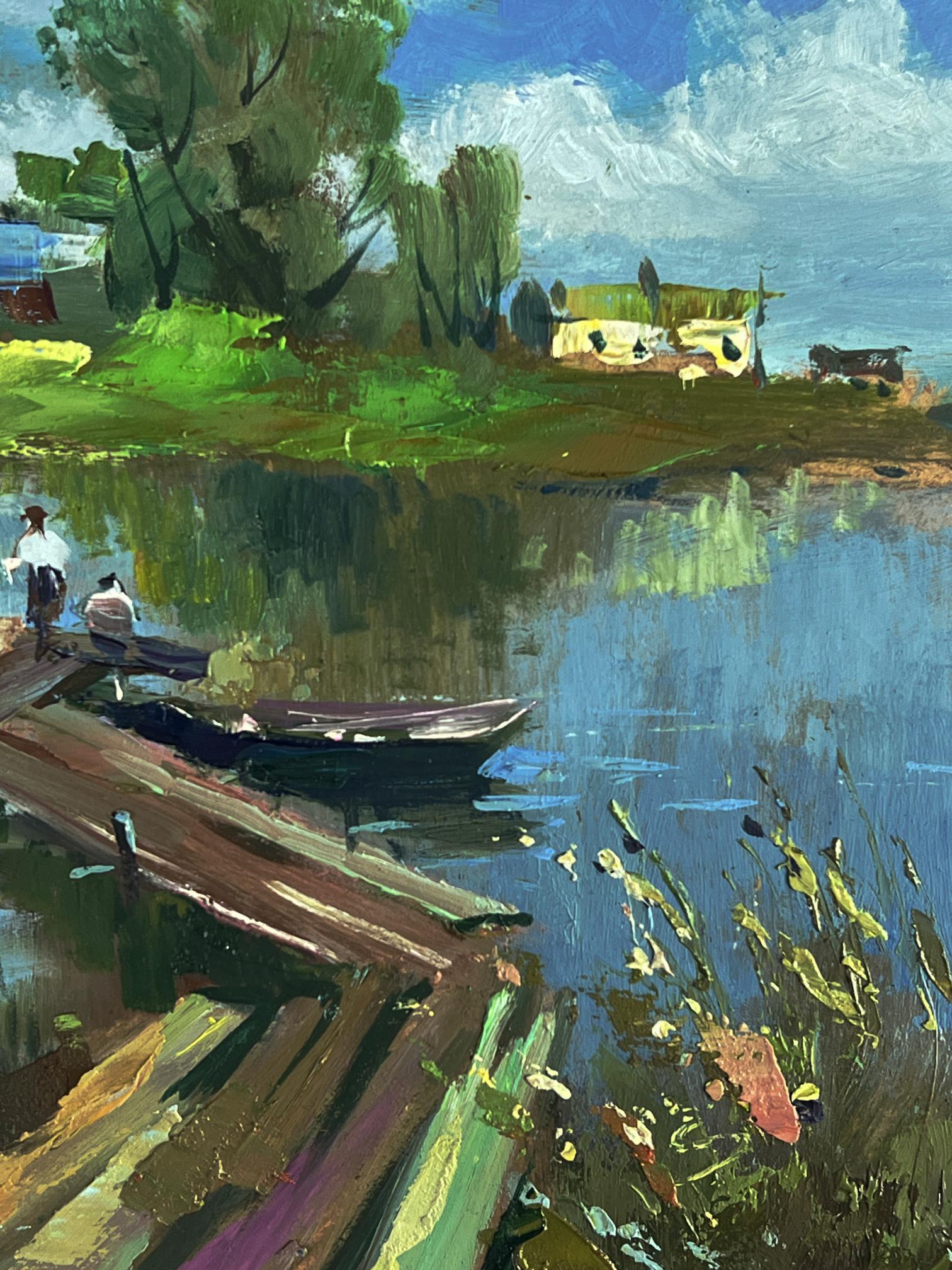 Rustic wooden dock on calm lake by Yuriy Suprunchuk oil painting