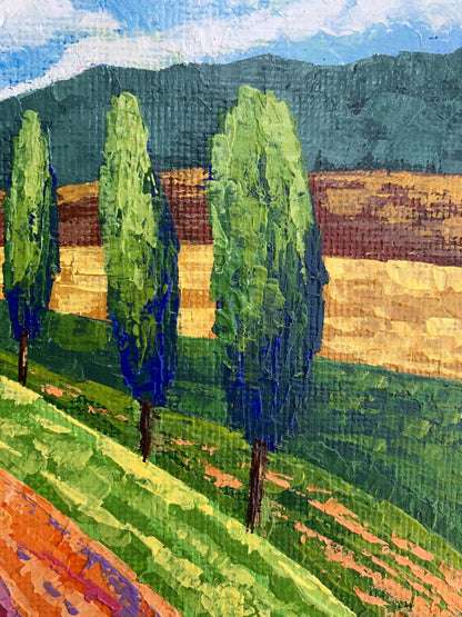 Oil painting Glade road to the mountains by V. Zadorozhnya with cypress trees