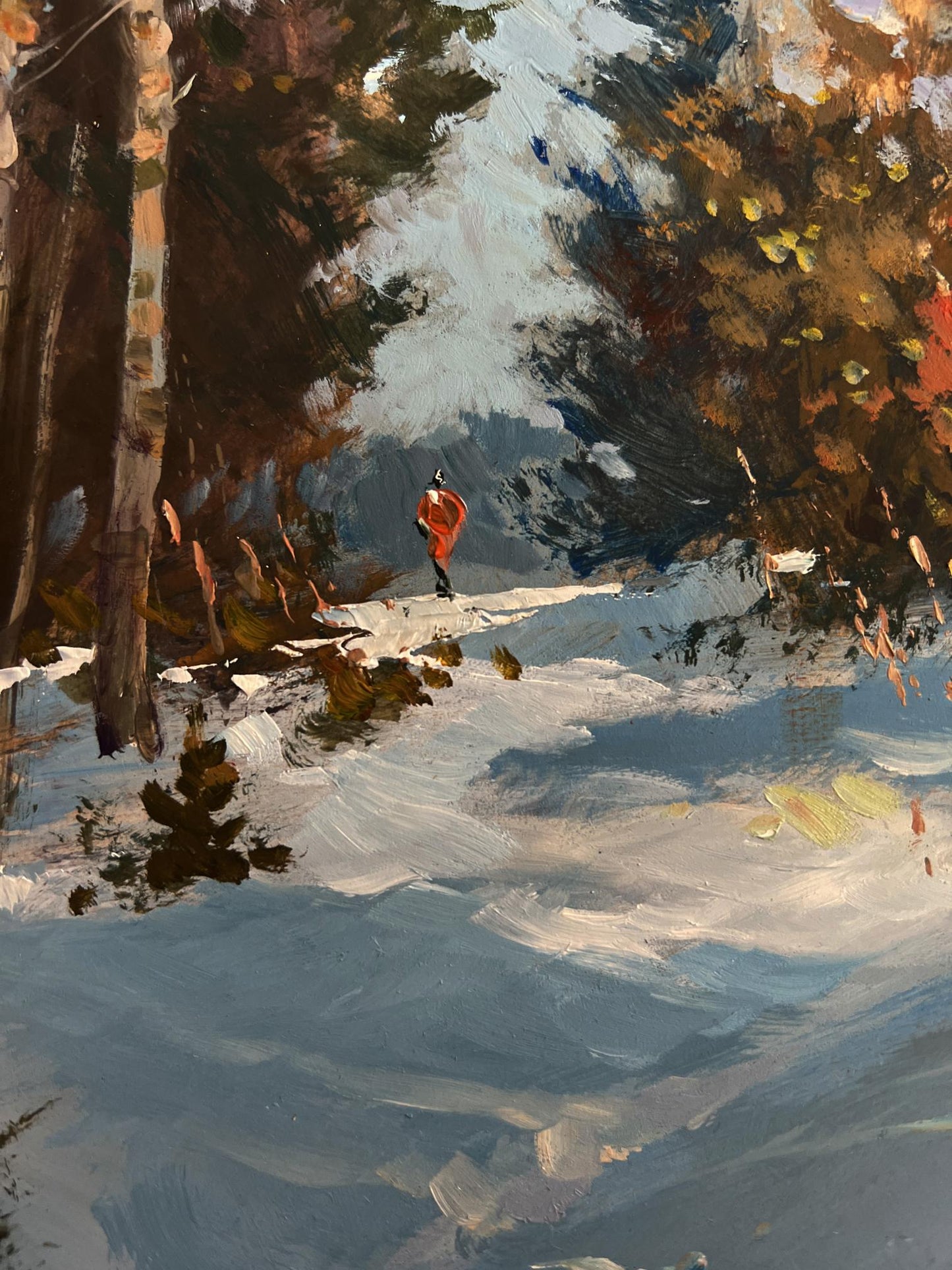 Oil painting Rest in the winter forest by Yuriy Suprunchuk: orange coat in snowy autumn forest