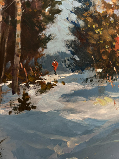 Oil painting Rest in the winter forest by Yuriy Suprunchuk: orange coat in snowy autumn forest