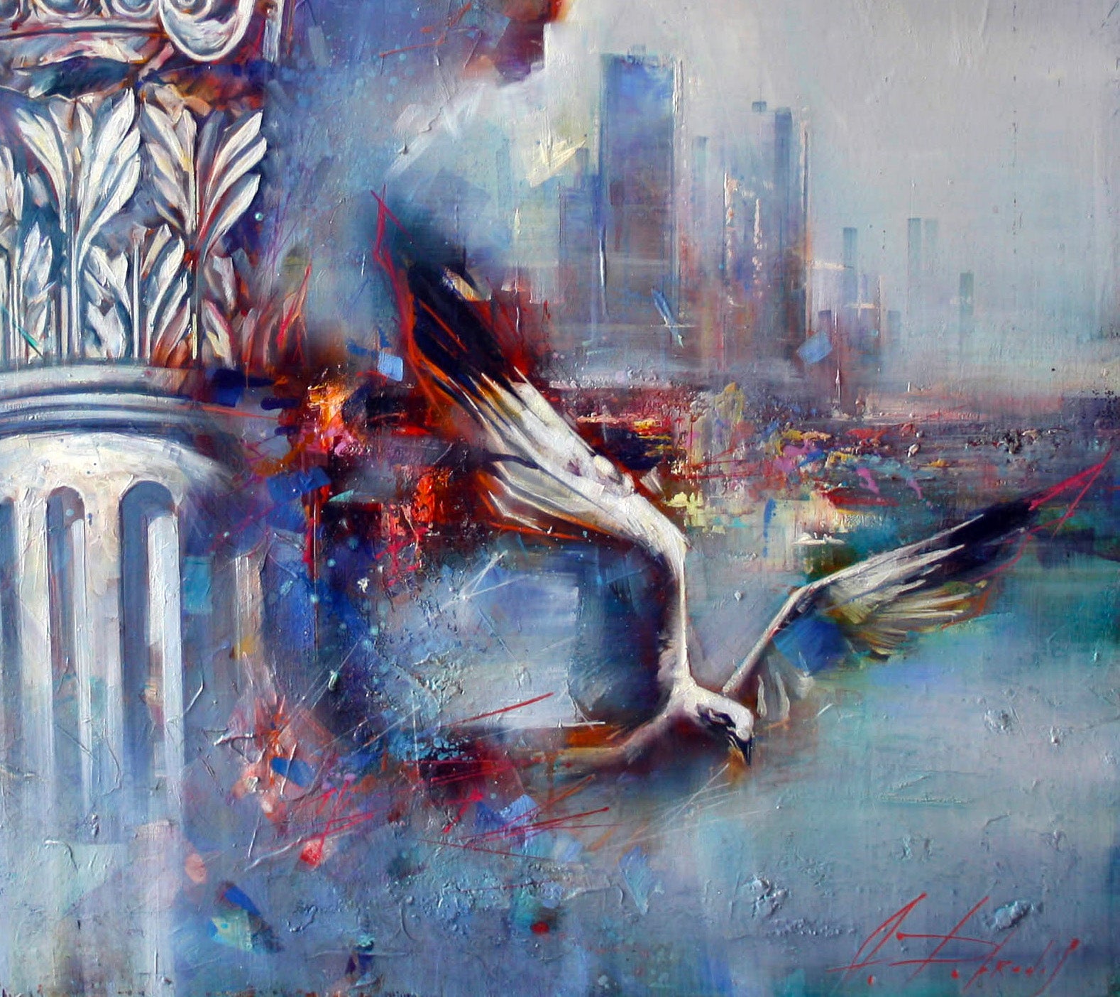 Oil painting Flight over the city by Alexander Dobrodiy: dynamic seagull in flight