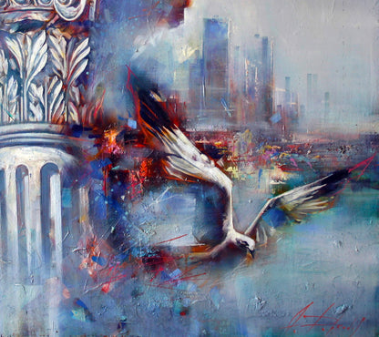 Oil painting Flight over the city by Alexander Dobrodiy: dynamic seagull in flight