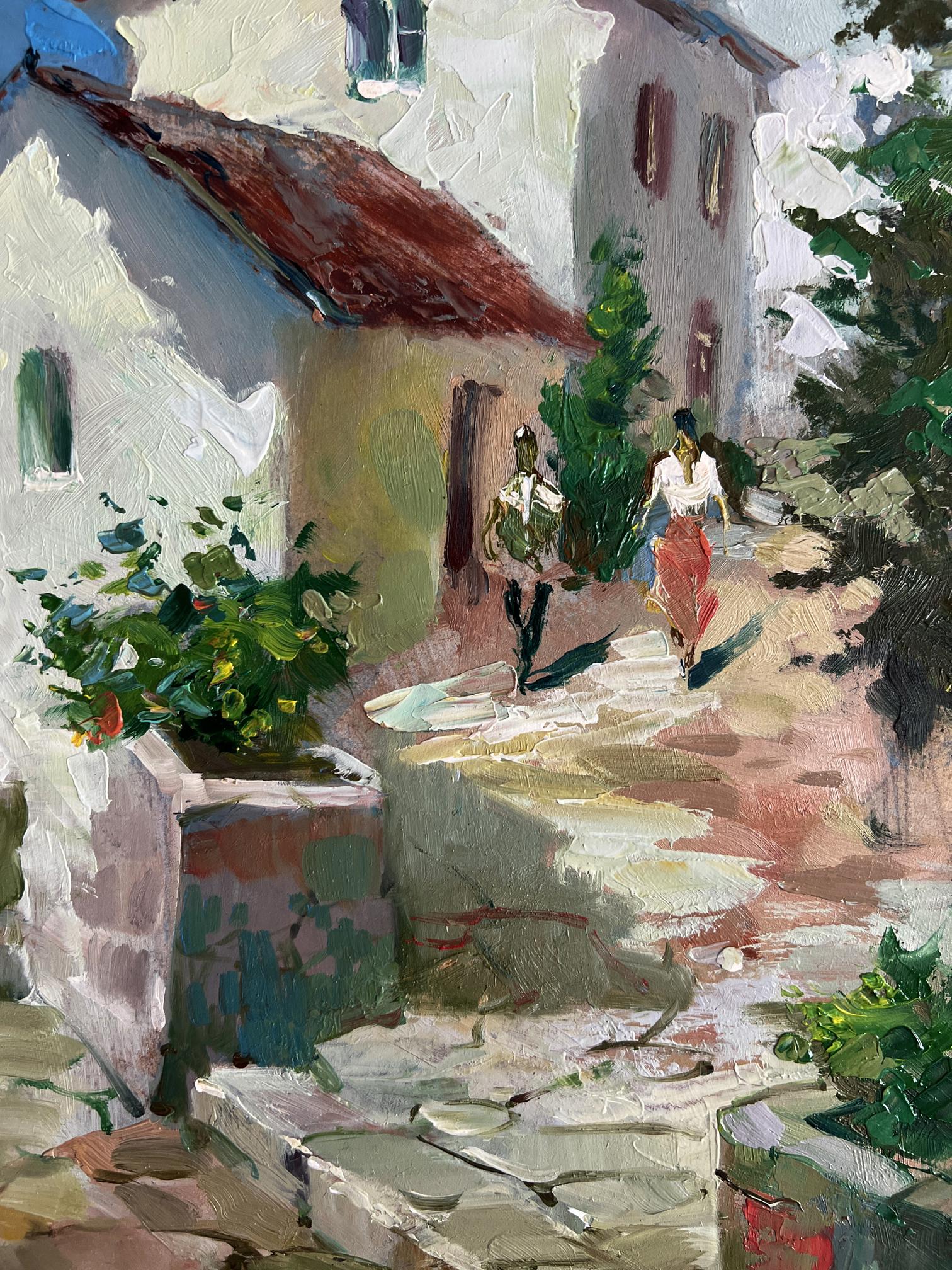 Oil painting by Yuriy Suprunchuk: sunlit cobblestone alley with white buildings