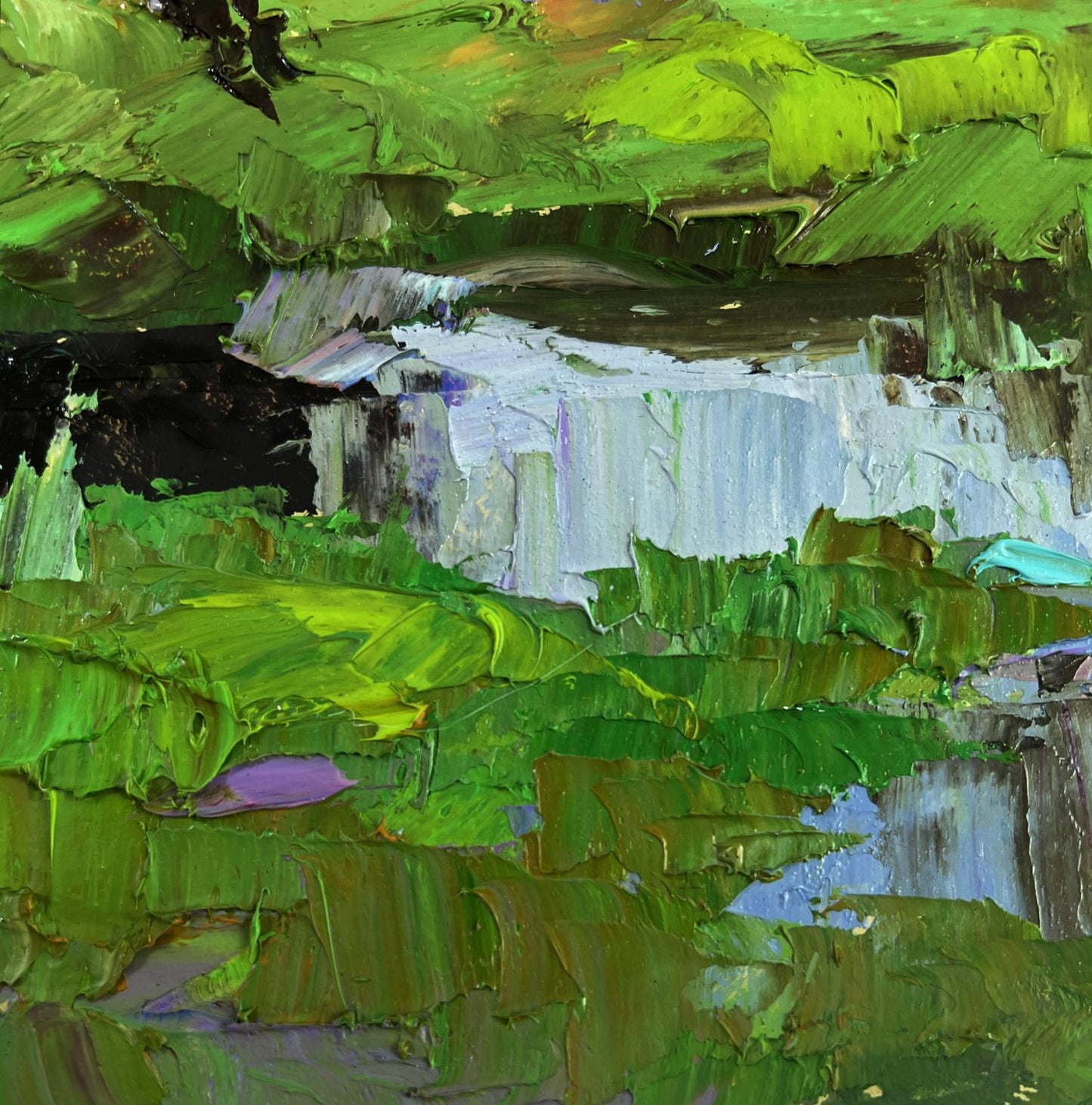 Oil painting Quiet autumn in the sun’s rays by Boris Serdyuk, vibrant waterfall in lush foliage
