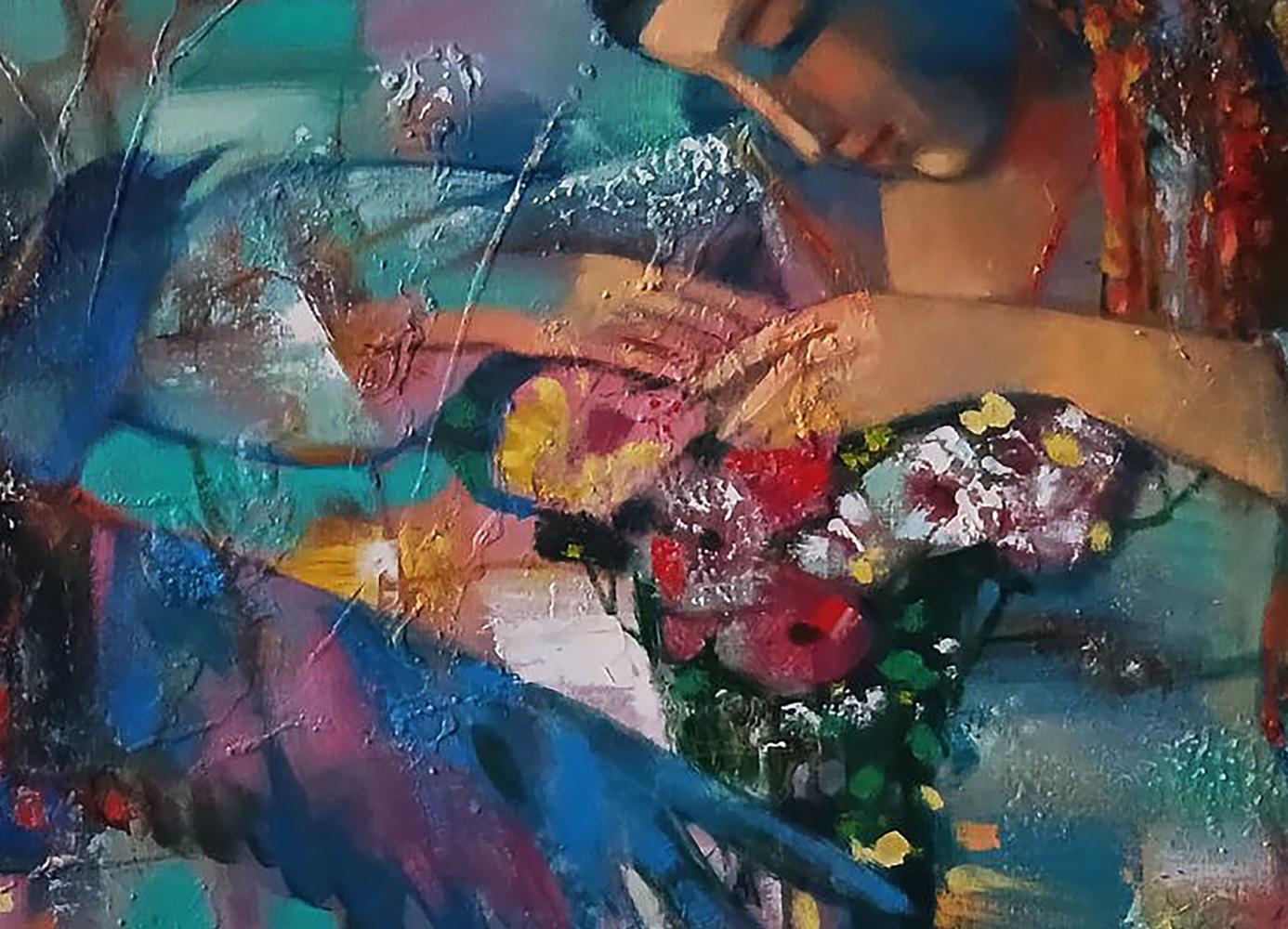 Abstract oil painting of girl with colorful bouquet by Anatoly Tarabanov