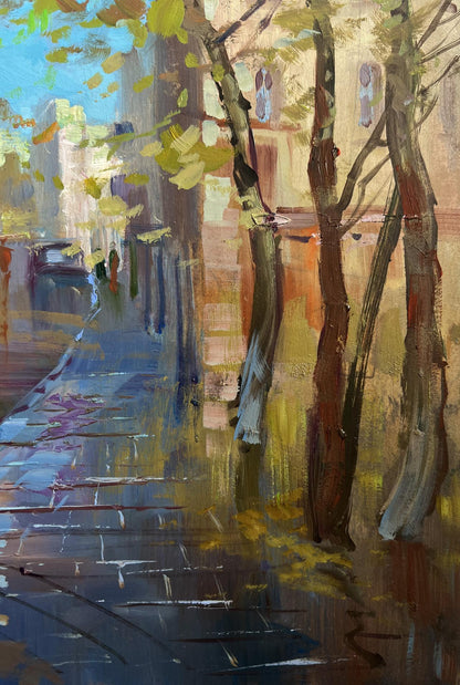 Oil painting Autumn City Symphony by Yuriy Suprunchuk, warm impressionist cobblestone street