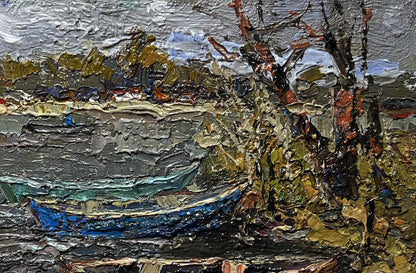 Oil painting Autumn melancholy by Oksana Ivanyuk: blue boat on rocky shore