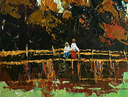 Oil painting Walking on the river bridge by Oksana Ivanyuk, autumn scene