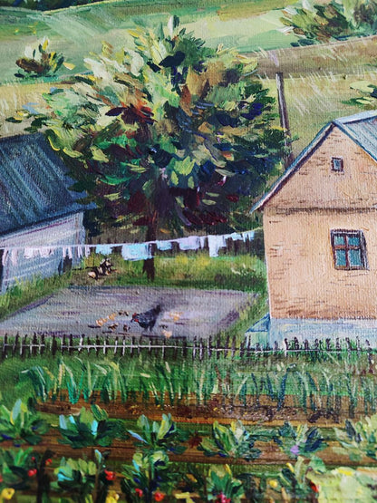 Oil painting Life in the village in summer by Oksana Sklym, rustic house and tree