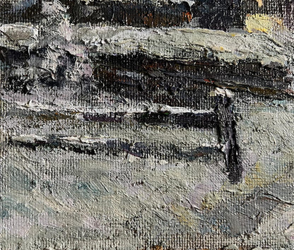 Oil painting Winter courtyard by Boris Serdyuk with impasto gray strokes