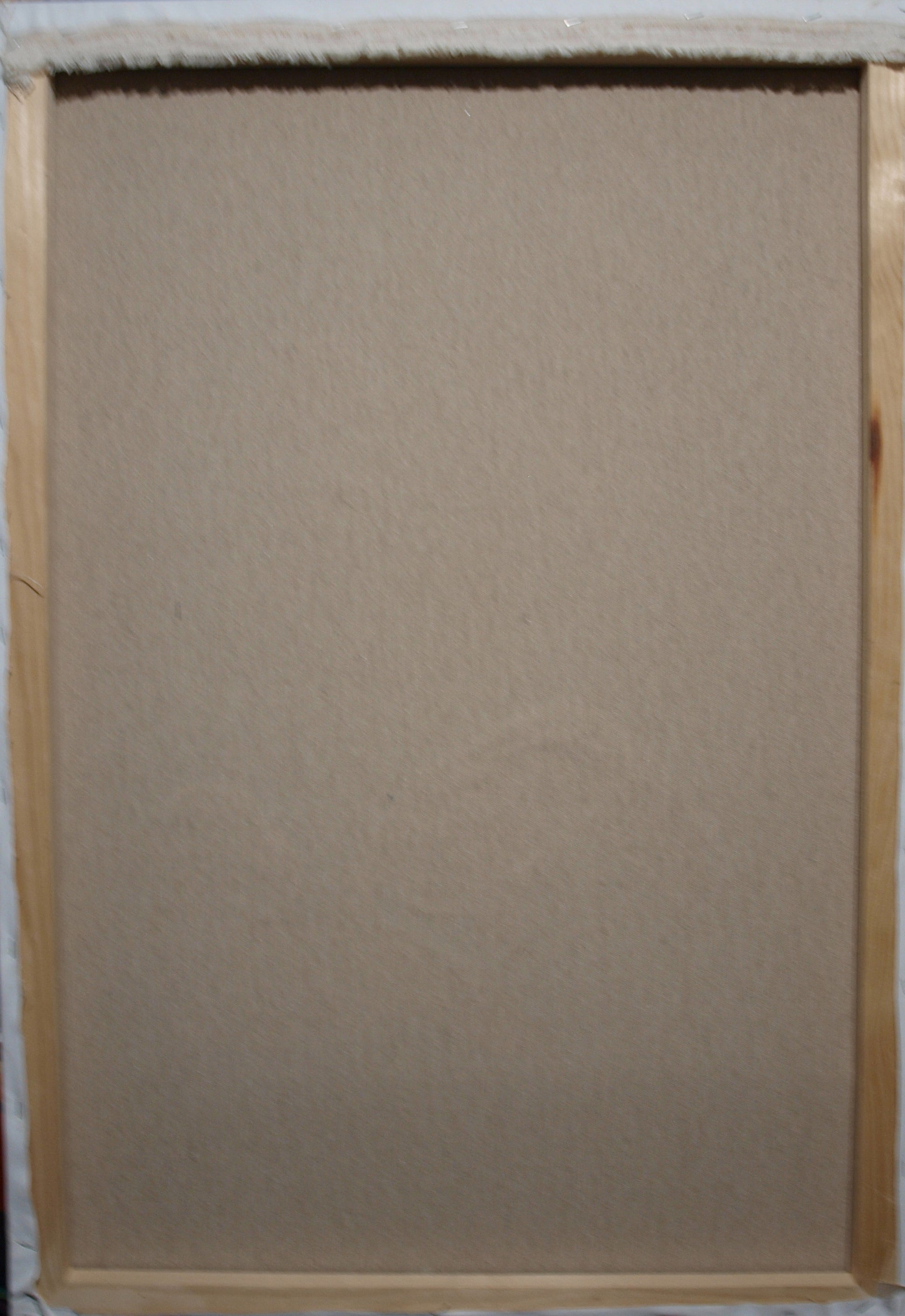 Back of Oil painting Fate by Konsta G. Amelinn on beige canvas over light wood frame