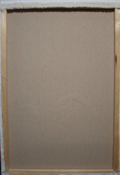 Back of Oil painting Fate by Konsta G. Amelinn on beige canvas over light wood frame