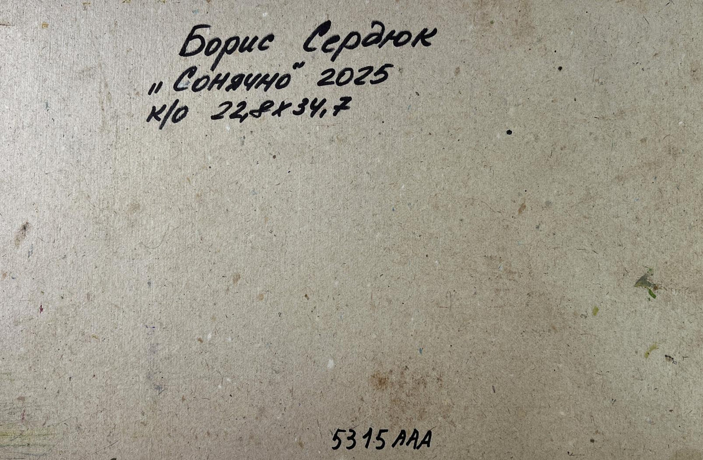 Handwritten inscription on back of Boris Serdyuk Oil painting In the sunlight canvas