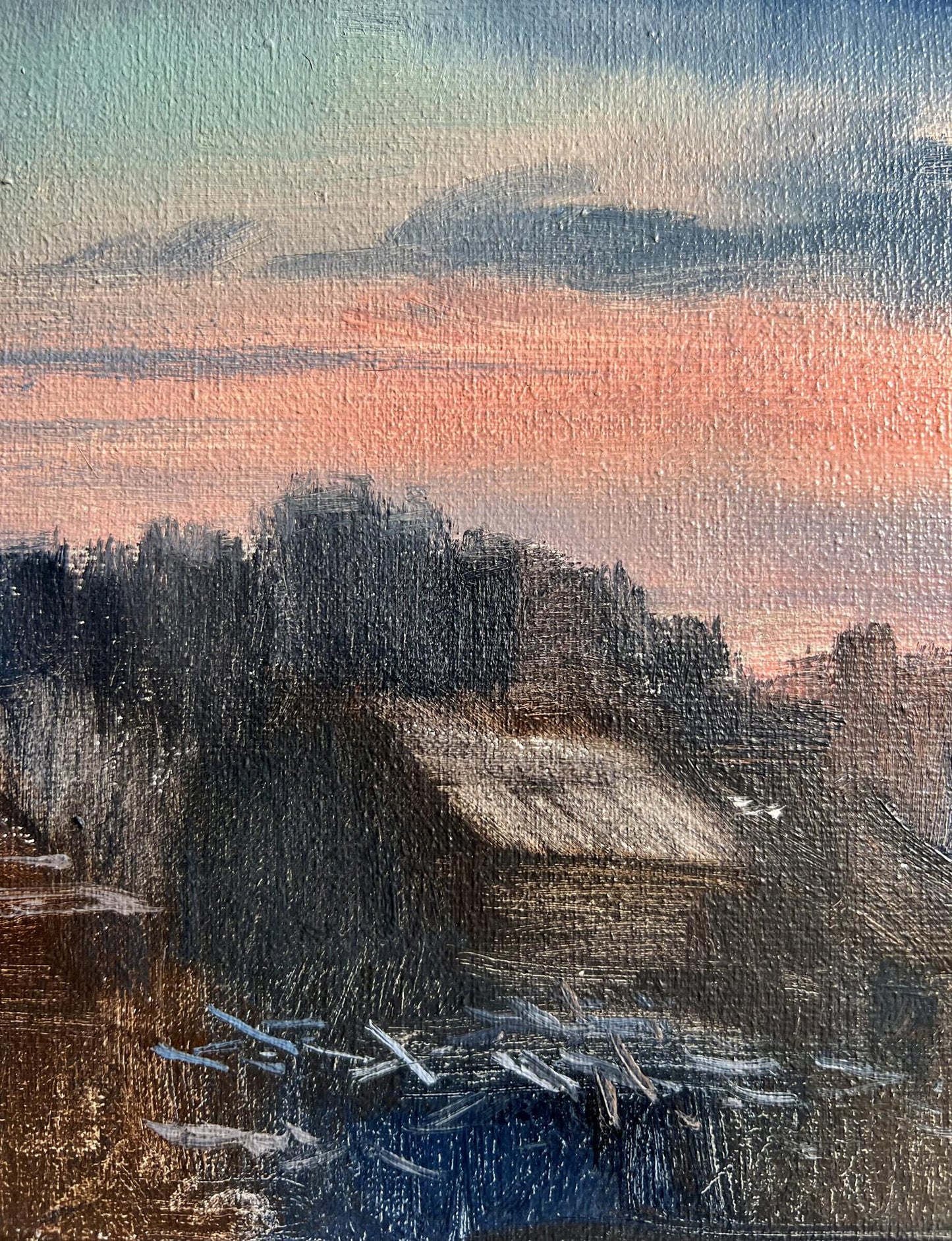Oil painting of Northern Lights over village by Tatyana Derdey at dusk