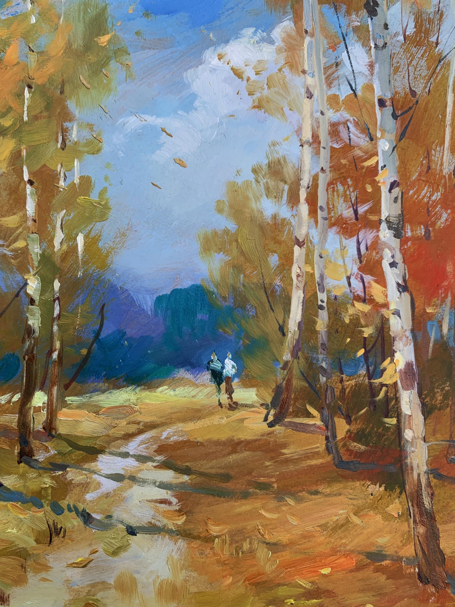 Oil painting by Yuriy Suprunchuk: Jogging through autumn birch forest