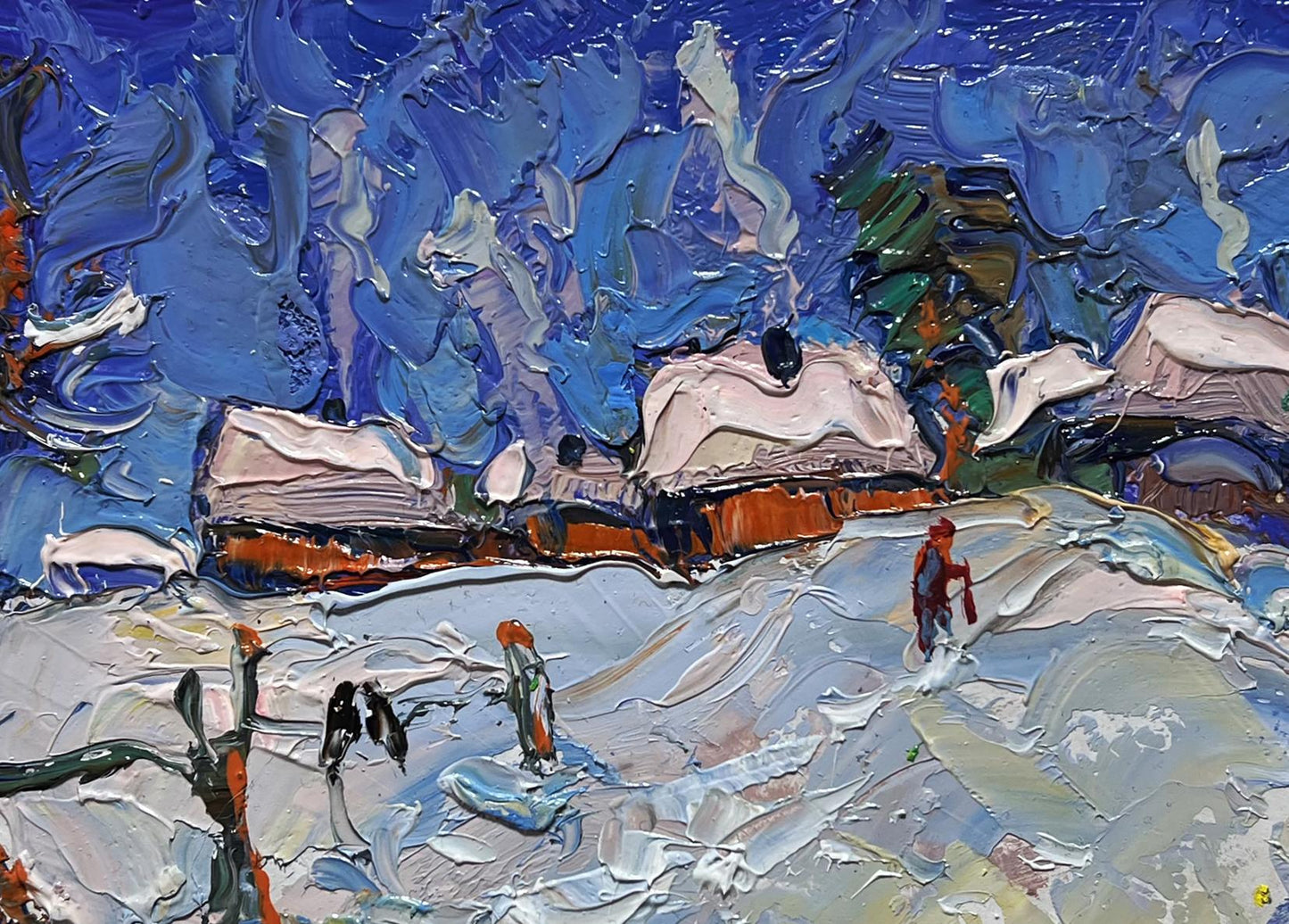 Vibrant impressionist oil painting of snowy village streets by Oksana Ivanyuk