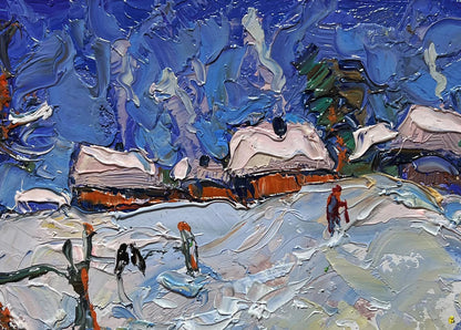 Vibrant impressionist oil painting of snowy village streets by Oksana Ivanyuk