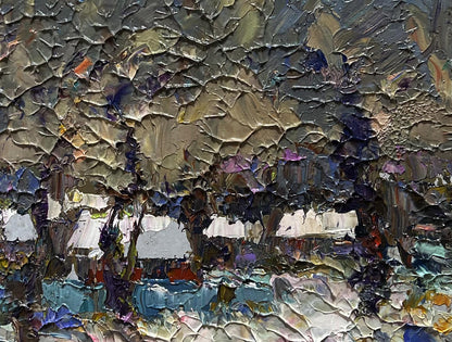 Oil painting Winter twilight by Oksana Ivanyuk, textured impasto landscape