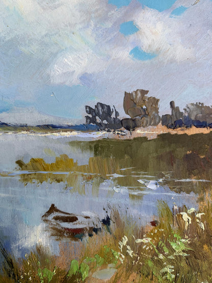 Serene impressionist oil painting of tranquil lake by Yuriy Suprunchuk