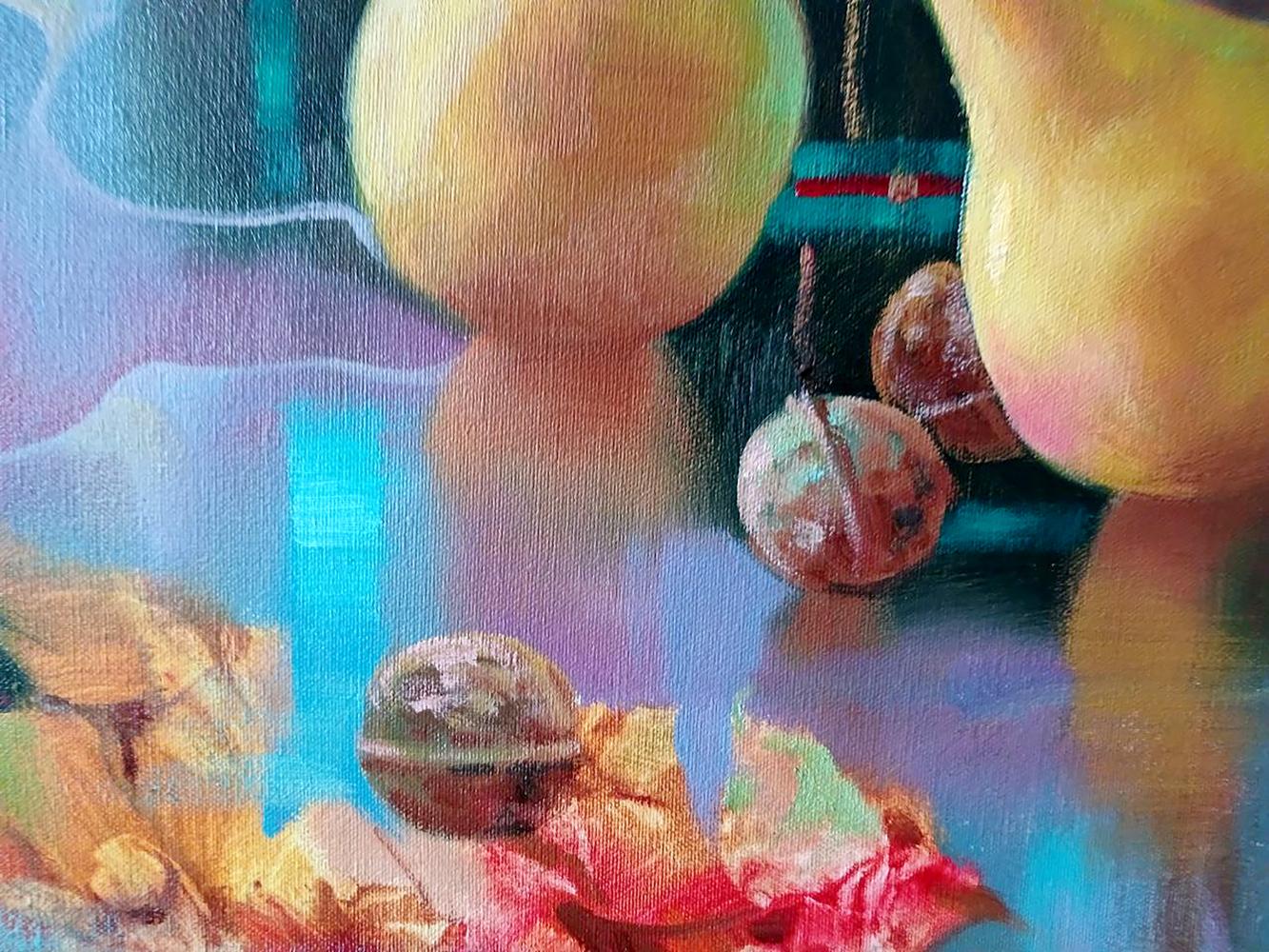 Abstract oil painting of yellow pears and autumn leaves by Anatoly Tarabanov