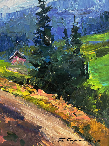 Oil painting Fresh mountain air by Boris Serdyuk: pink house in green hills