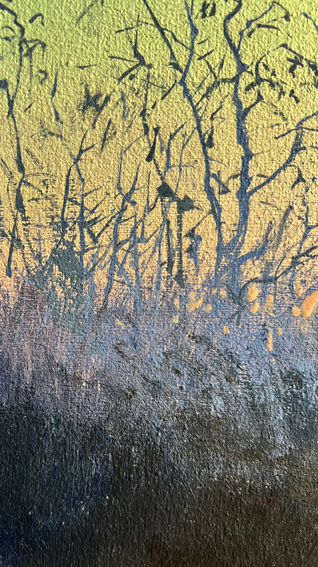 Oil painting Quiet gatherings around the fire by Tatyana Derdey with black ink branches on yellow-green to blue gradient