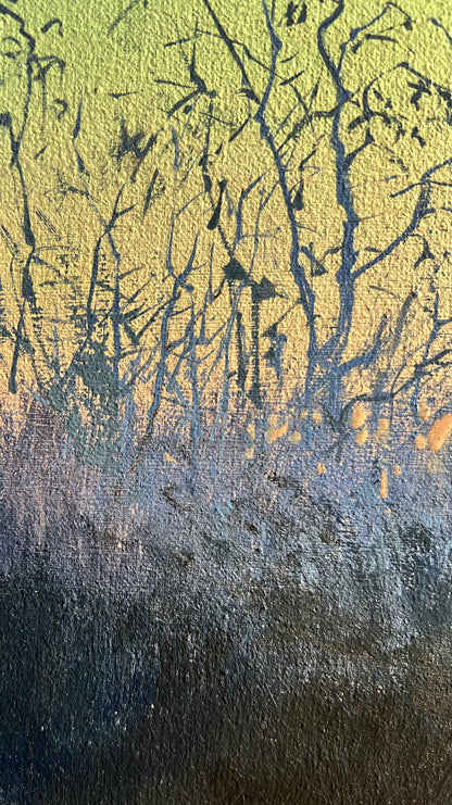 Oil painting Quiet gatherings around the fire by Tatyana Derdey with black ink branches on yellow-green to blue gradient