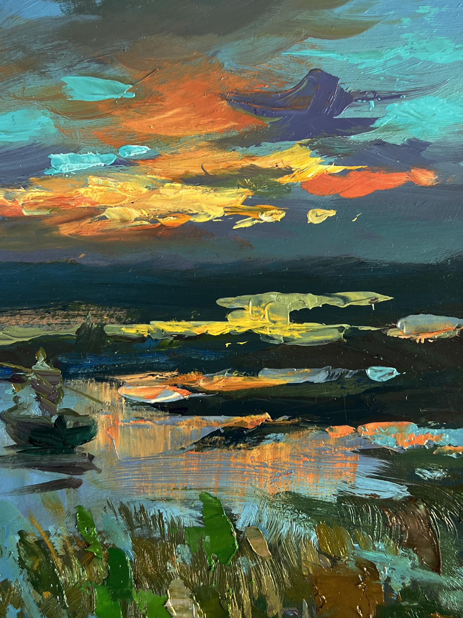 Vibrant impressionist oil painting of sunset fishing by Yuriy Suprunchuk