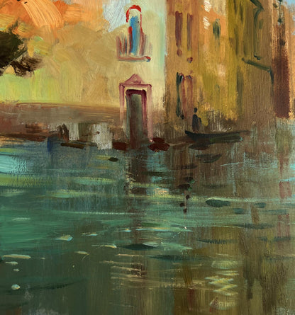 Warm-toned impressionist Venetian canal oil painting by Yuriy Suprunchuk