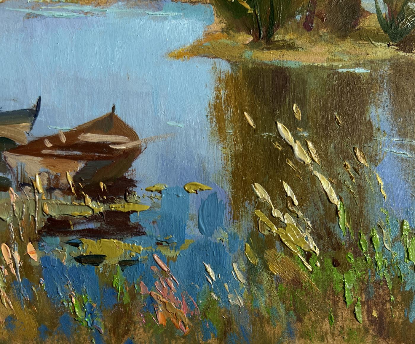 Oil painting of rustic rowboat on calm river by Yuriy Suprunchuk