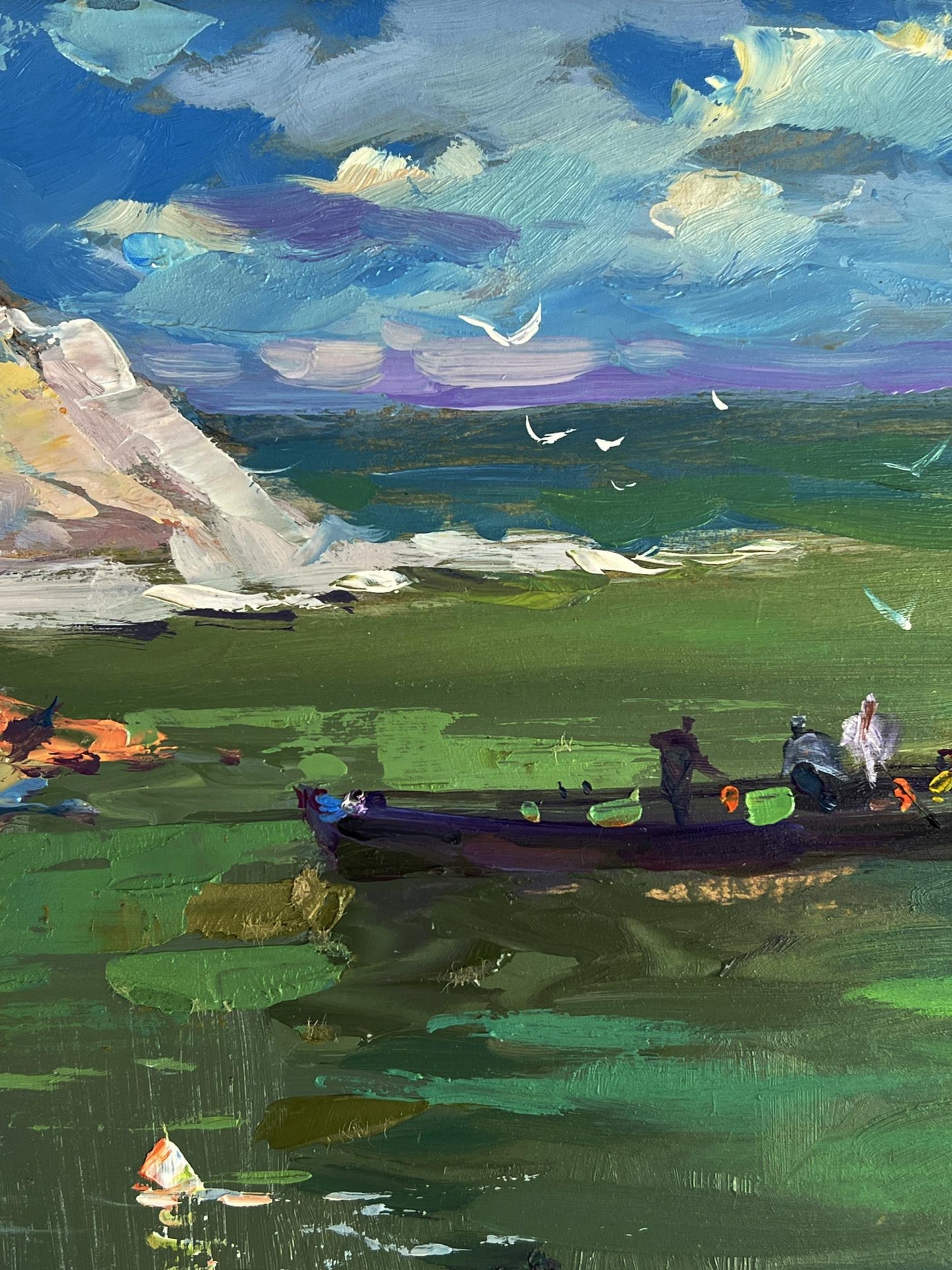 Oil painting of fishing boat at sea by Yuriy Suprunchuk