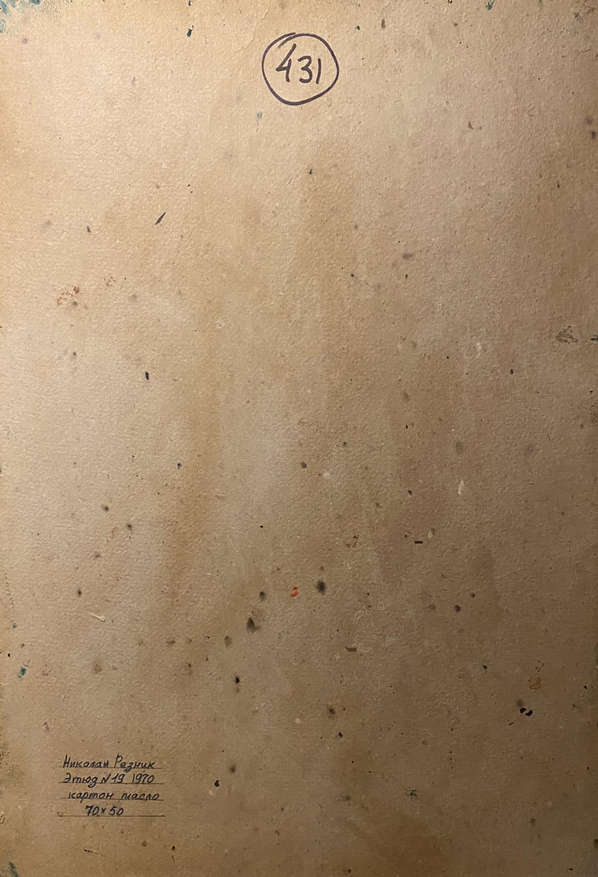 Back of beige textured paper artwork by Mykola Reznik with circled 431 Cyrillic text