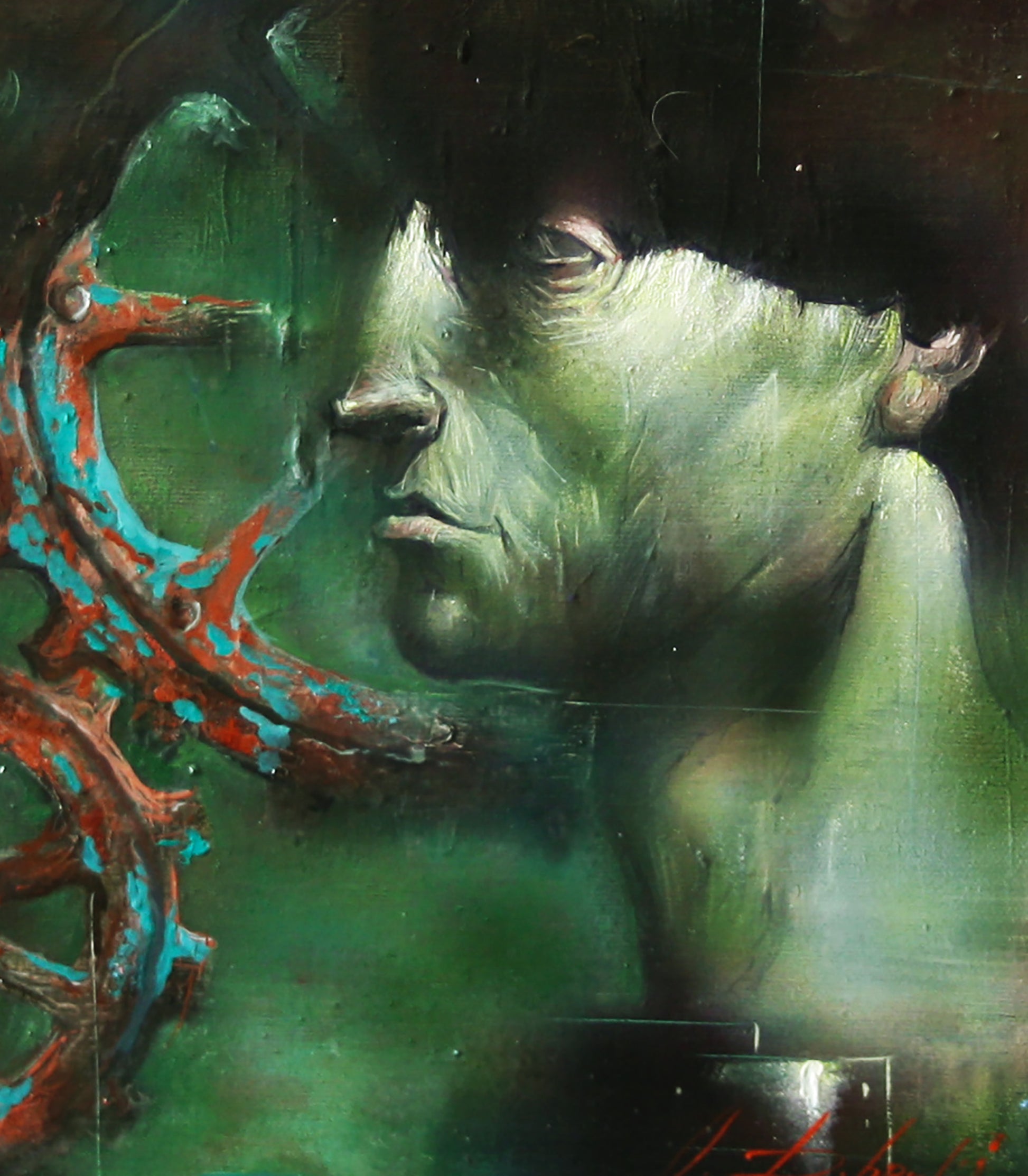 Oil painting Mechanics by Alexander Dobrodiy, textured green portrait with red teal mechanics