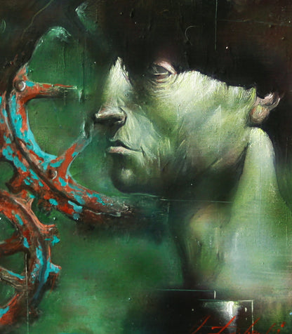 Oil painting Mechanics by Alexander Dobrodiy, textured green portrait with red teal mechanics