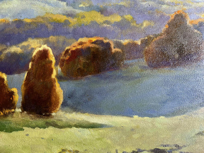 Oil painting of autumn mountains by Tatyana Derdey, serene coastal rocks