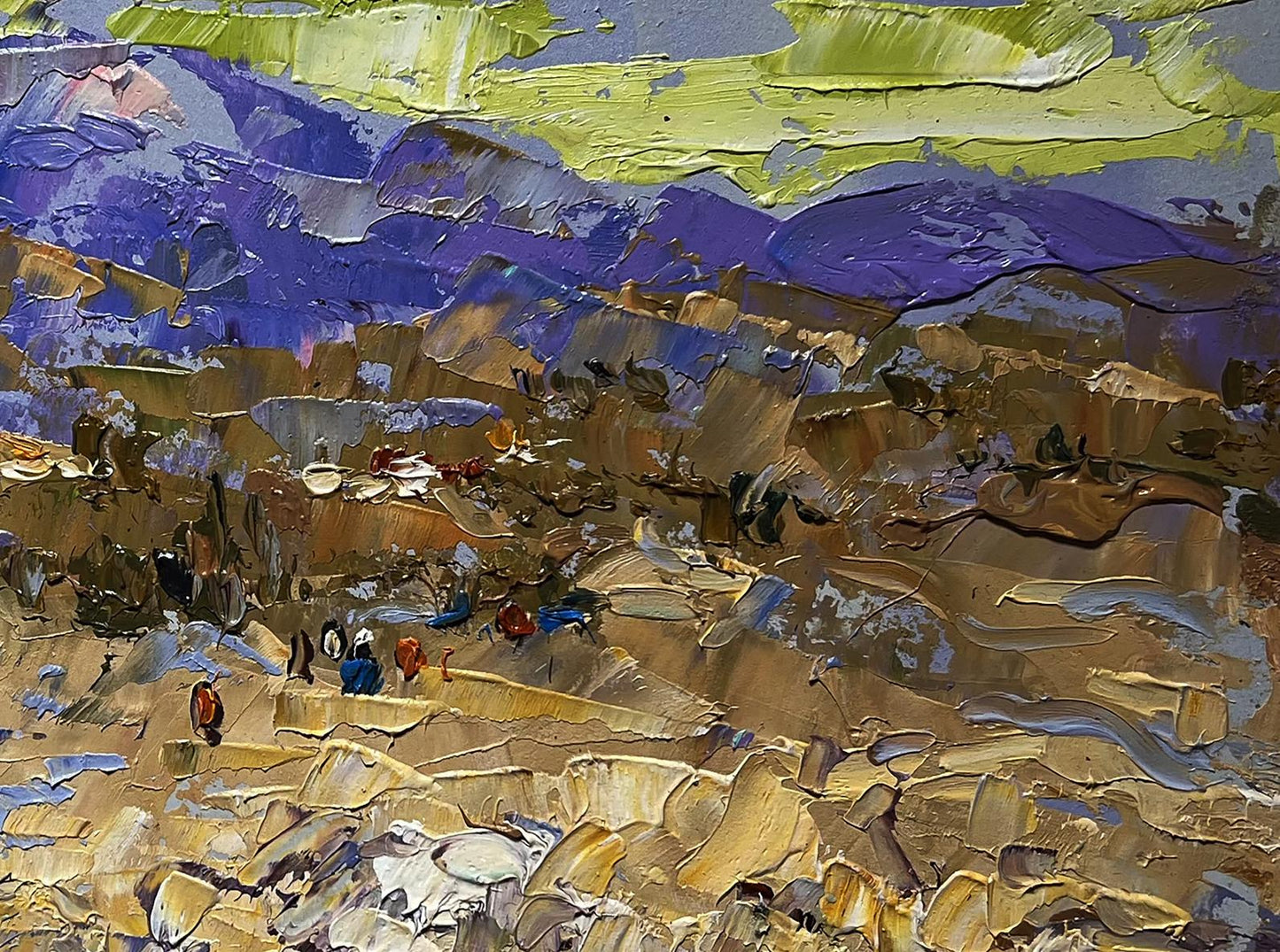 Oil painting The bank of a mountain river by Oleksiy Ivanyuk with purple mountains