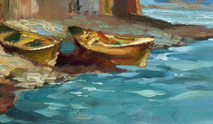 Oil painting of two weathered yellow brown rowboats by sea by Yuriy Suprunchuk