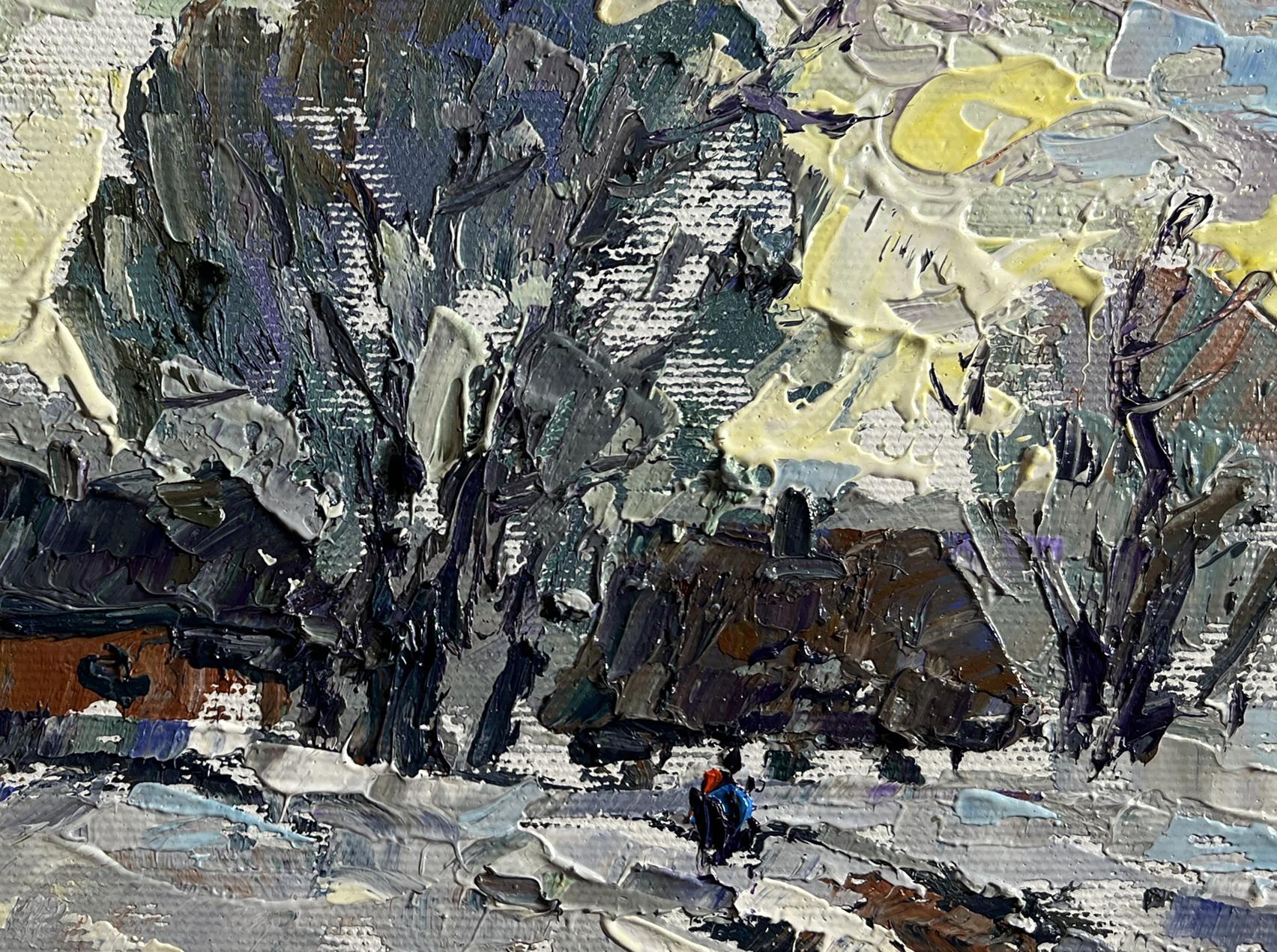 Oil painting Winter morning in the village by Oleksiy Ivanyuk, abstract grays