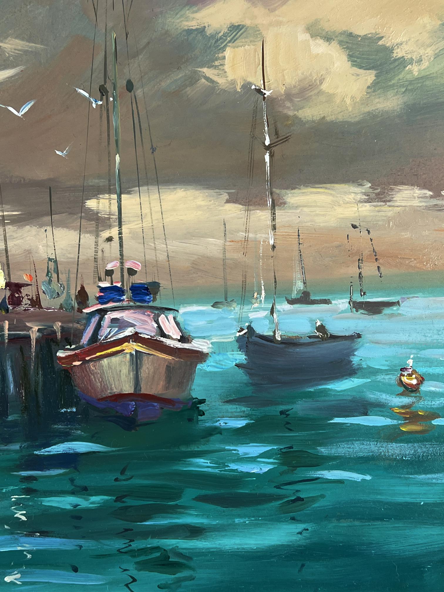 Oil painting Boats at the pier by Yuriy Suprunchuk harbor scene