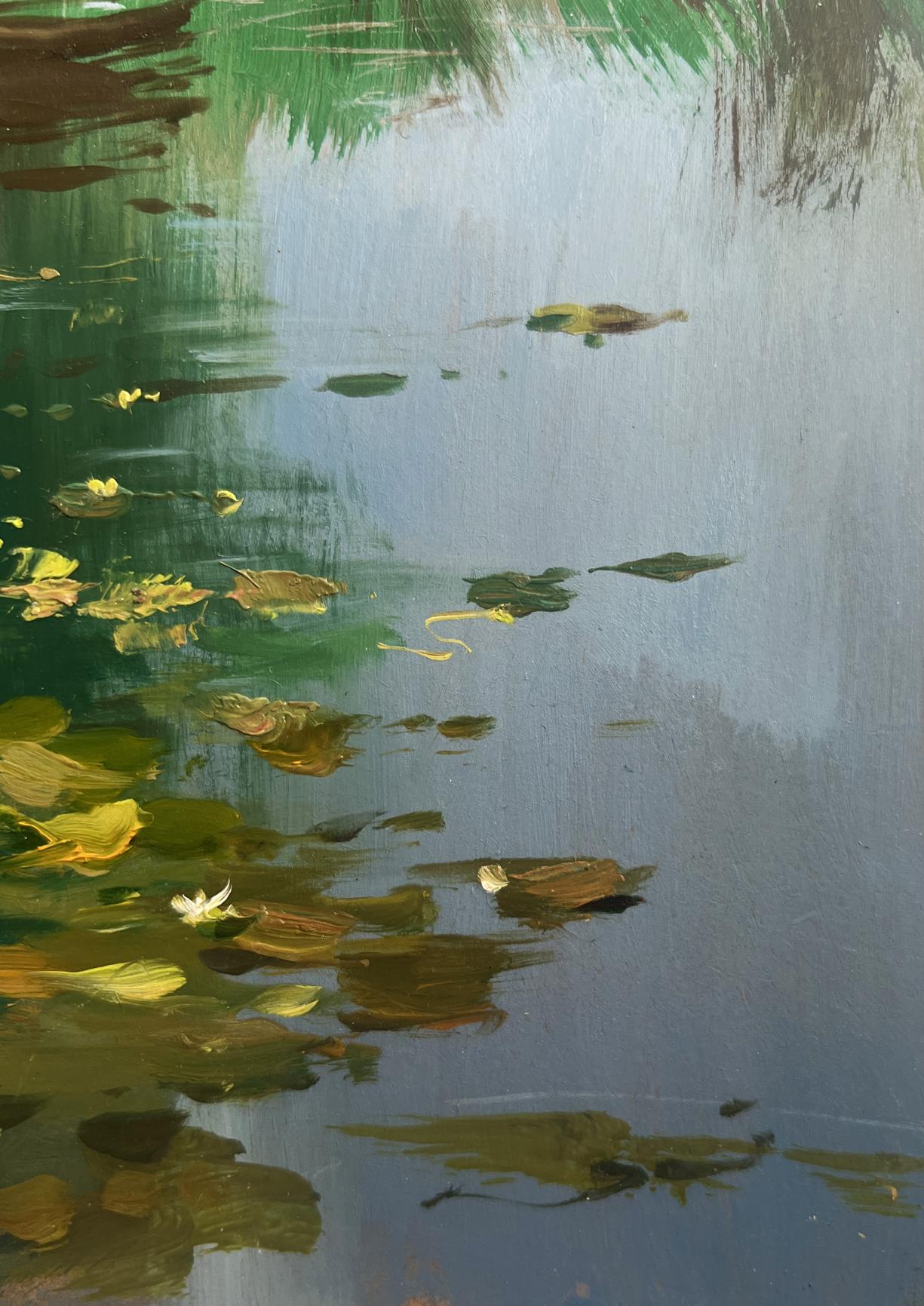 Serene impressionistic oil painting of pond, fishing by lonely tree by Yuriy Suprunchuk