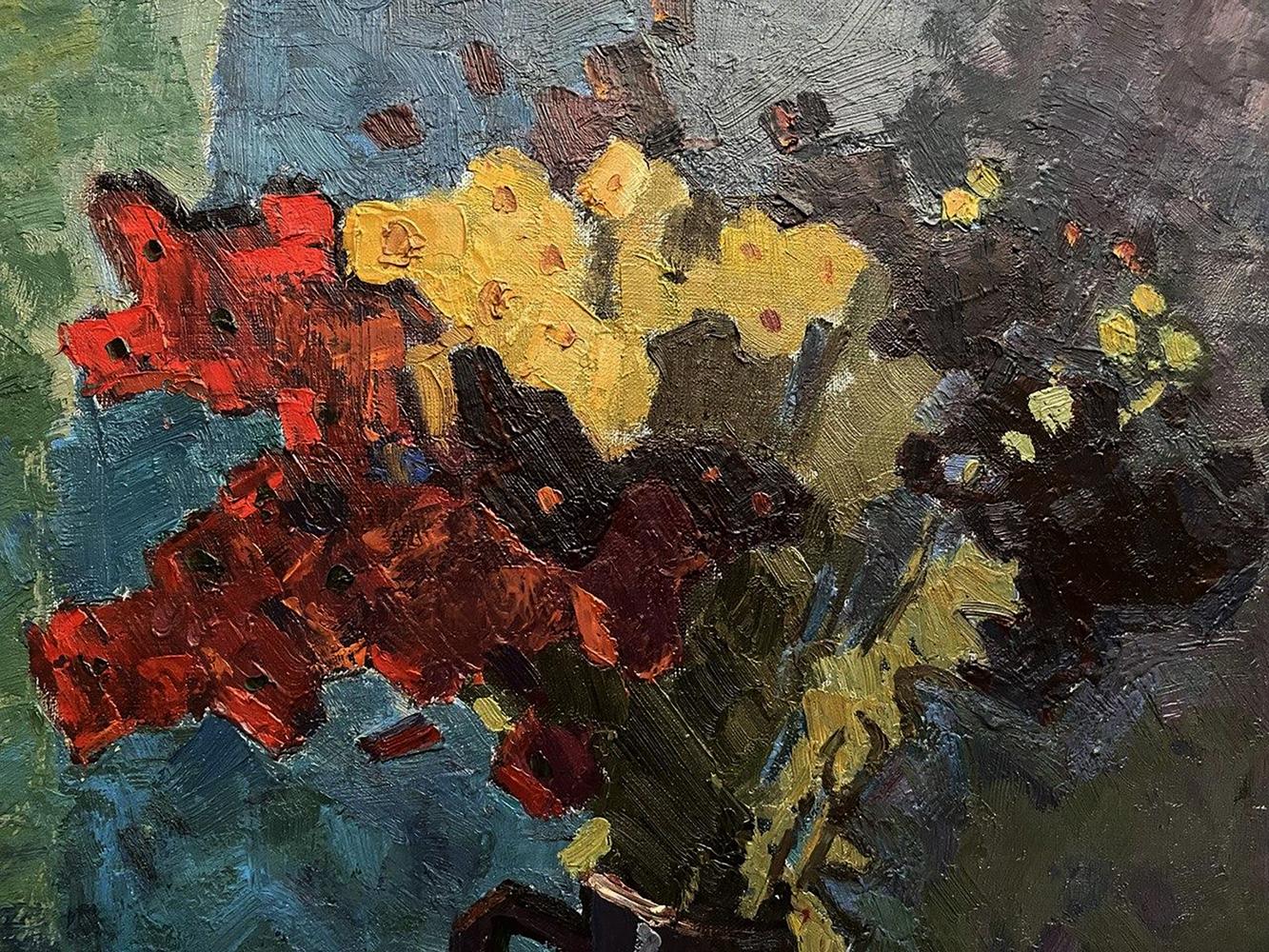 Oil painting of vibrant red yellow autumn flowers fruits by Oleksandr Andreev
