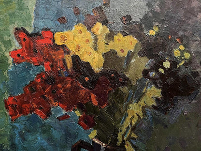 Oil painting of vibrant red yellow autumn flowers fruits by Oleksandr Andreev