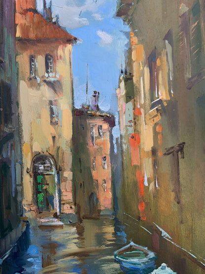 Oil painting by Yuriy Suprunchuk: small blue boat in narrow canal between sunlit buildings