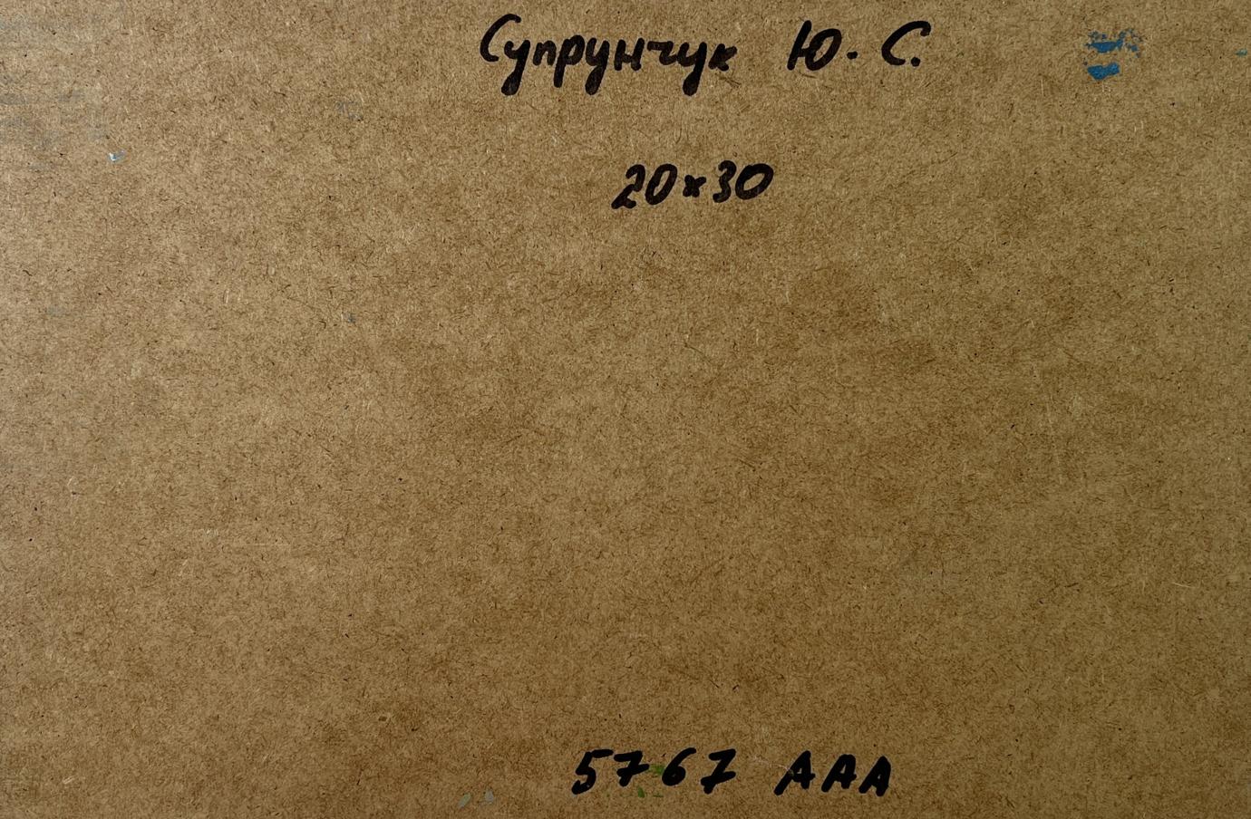 Back of Yuriy Suprunchuk oil painting Country house with brown textured cardboard, handwritten markings and blue sticker