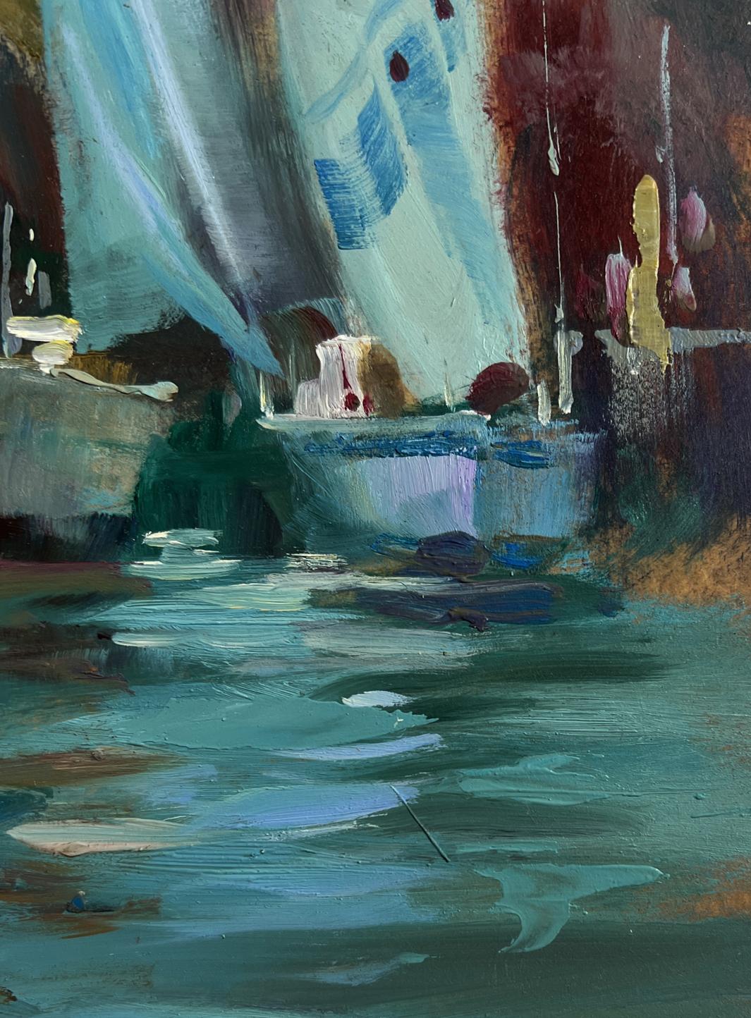 Abstract expressionist oil painting of quiet Venice harbor by Yuriy Suprunchuk